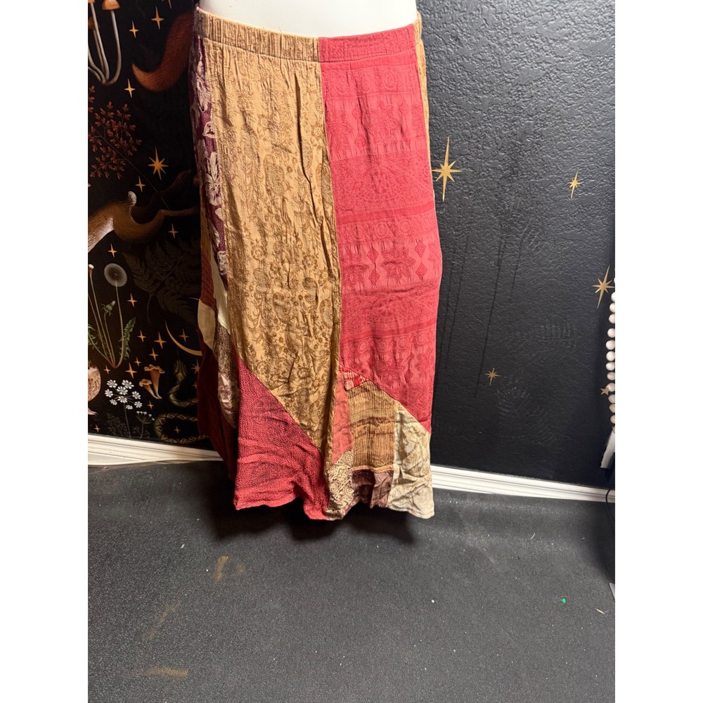 Donna Jessica Patchwork Maxi Skirt Red Tan Boho Hippie Cottagecore Size 1